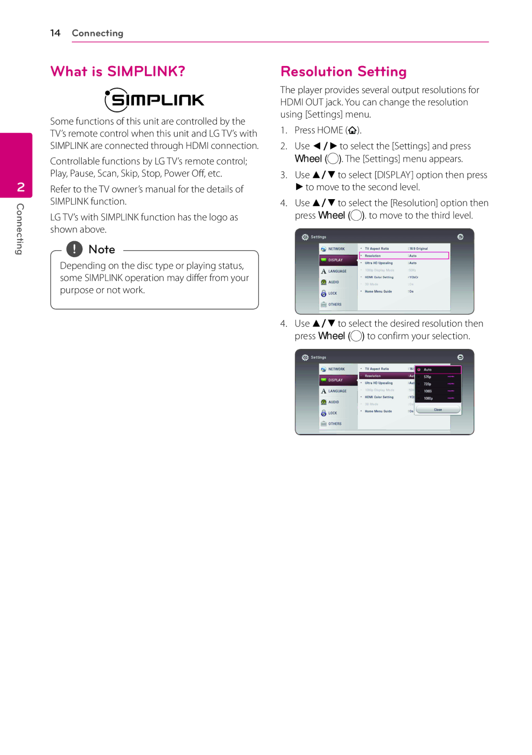 LG Electronics BP730N owner manual What is SIMPLINK?, Resolution Setting 