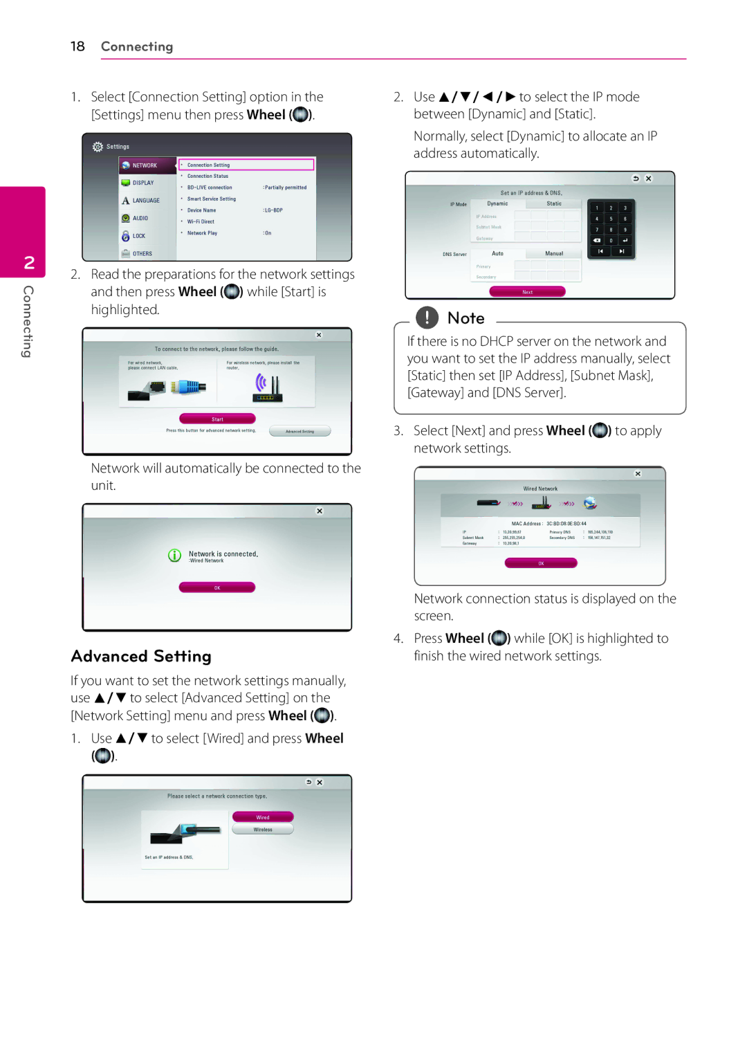 LG Electronics BP730N owner manual Advanced Setting, Use w/sto select Wired and press Wheel 