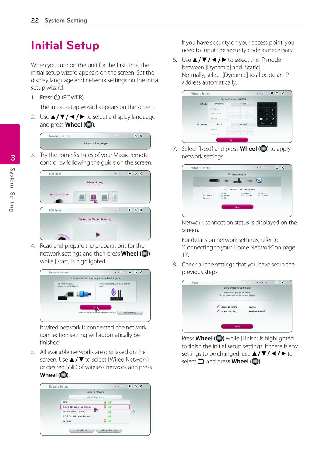 LG Electronics BP730N owner manual Initial Setup, Wheel 