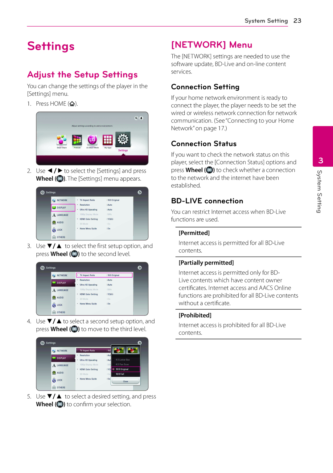 LG Electronics BP730N owner manual Adjust the Setup Settings, Network Menu 