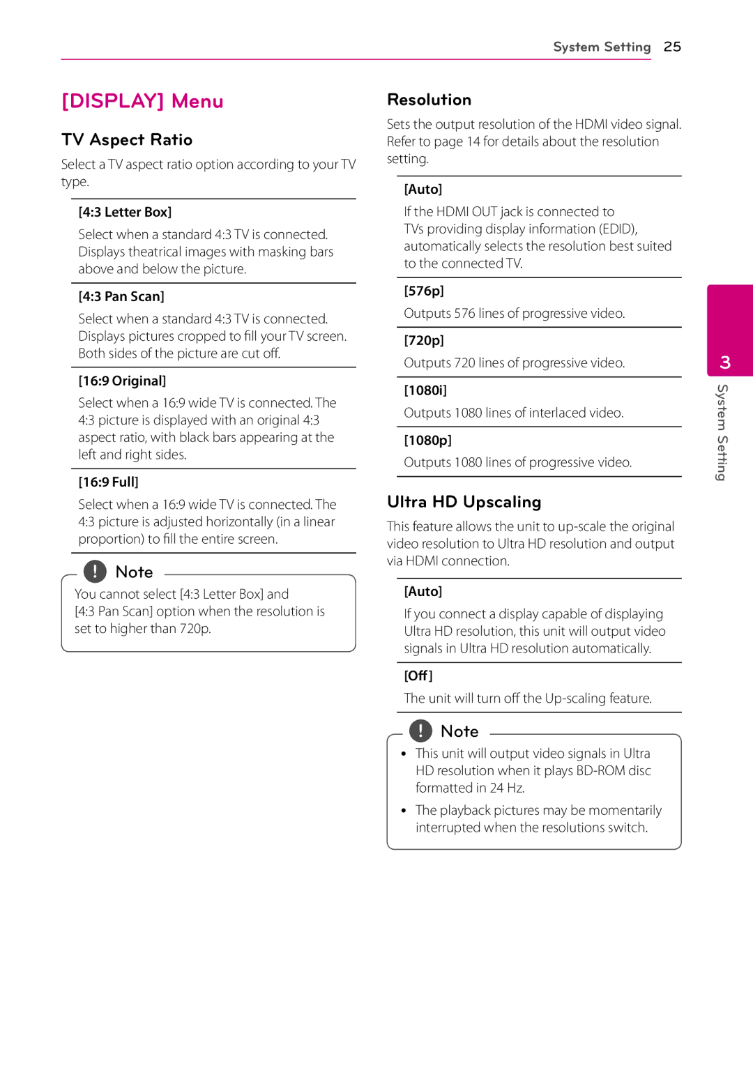 LG Electronics BP730N owner manual Display Menu, TV Aspect Ratio, Resolution, Ultra HD Upscaling 