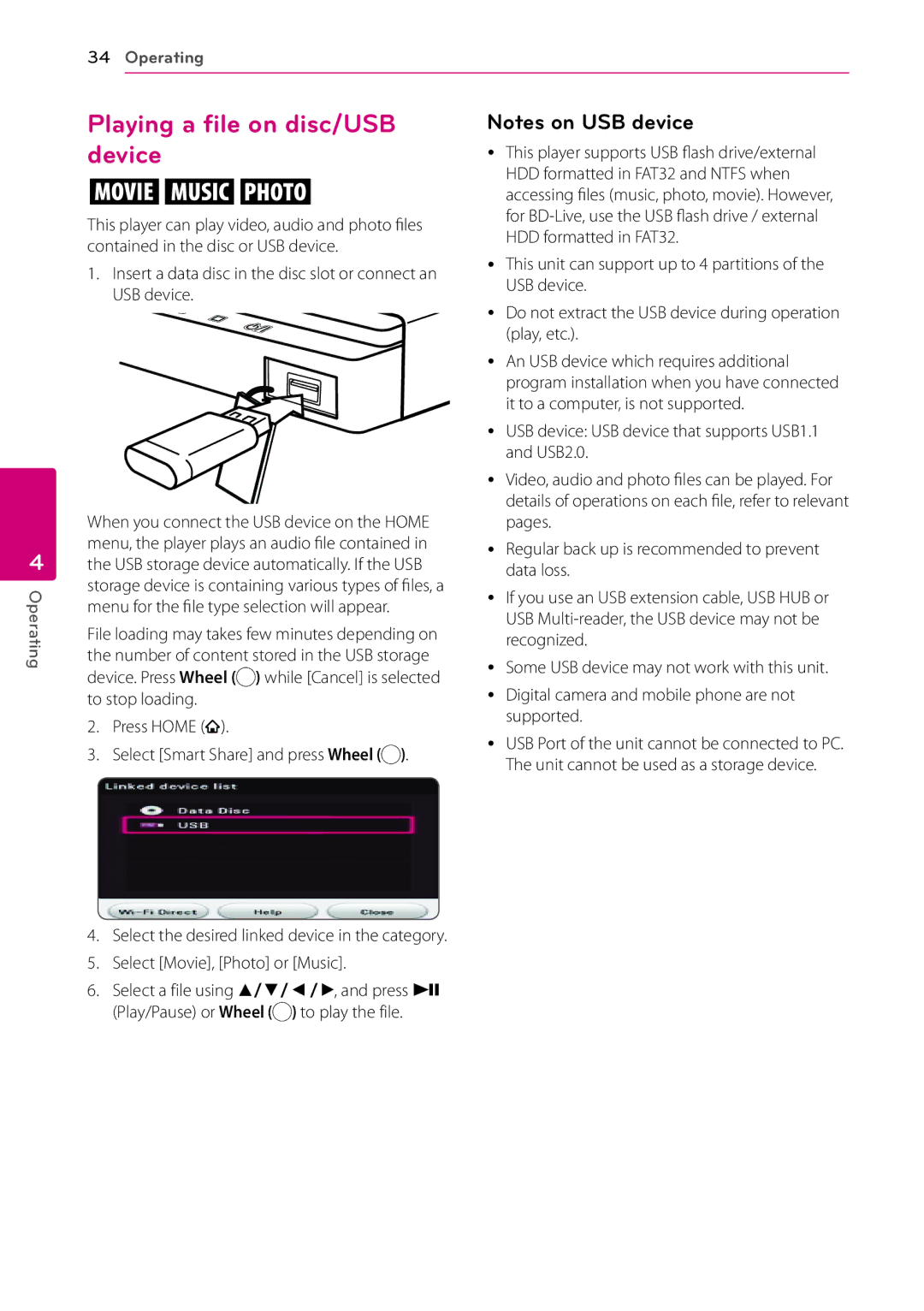 LG Electronics BP730N owner manual Playing a file on disc/USB device, Press Home Select Smart Share and press Wheel 