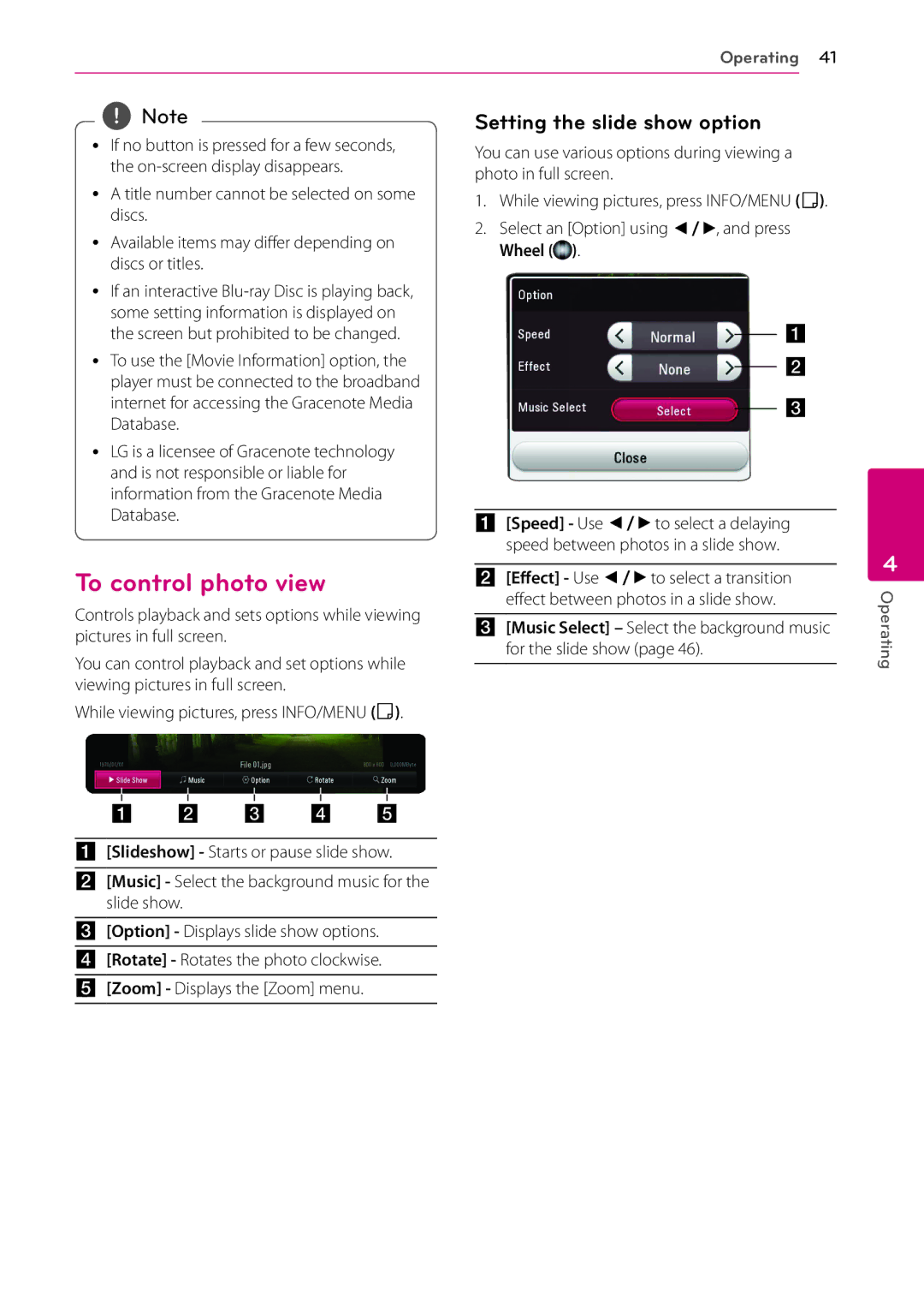 LG Electronics BP730N owner manual To control photo view, Setting the slide show option 