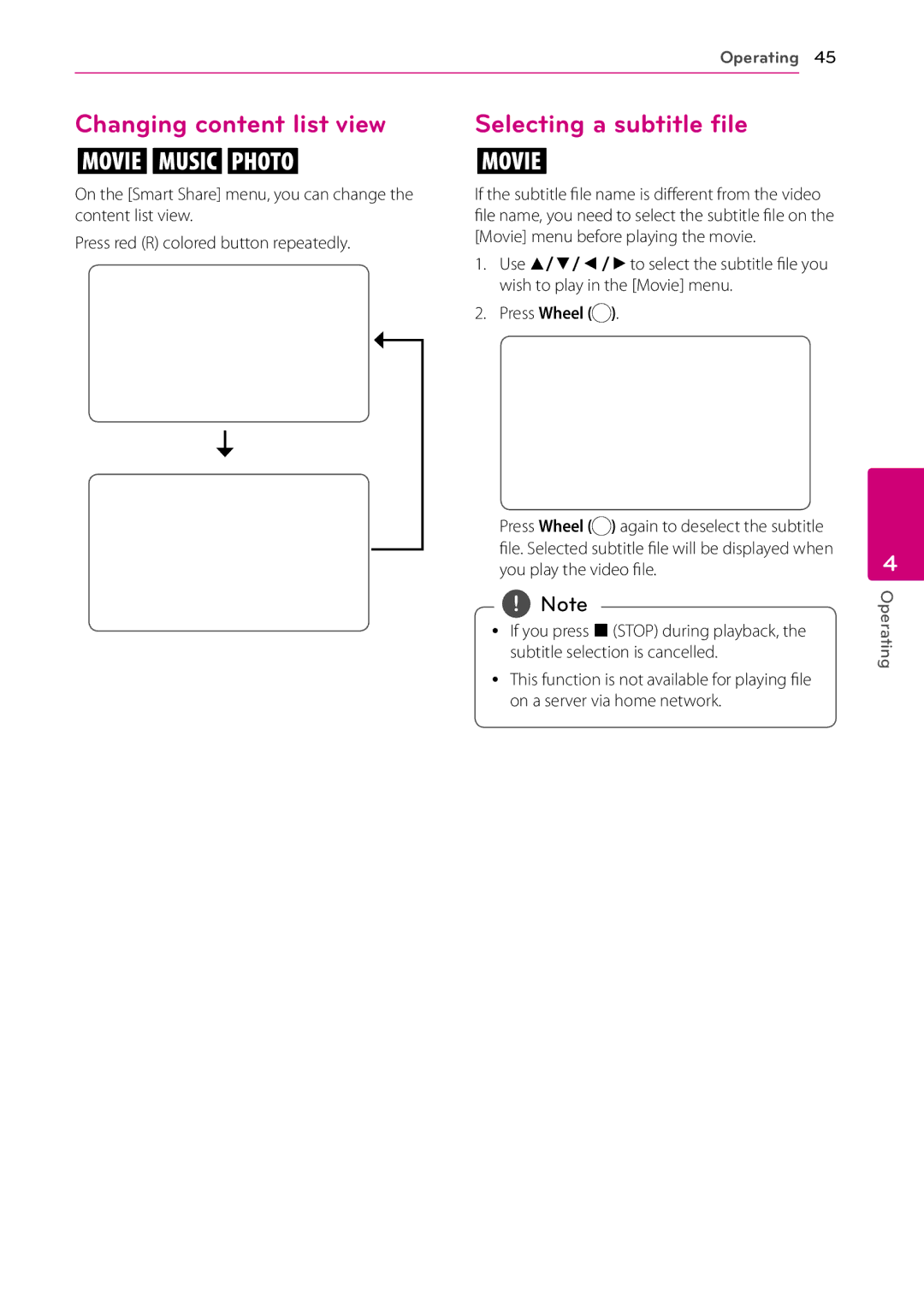 LG Electronics BP730N owner manual Changing content list view, Selecting a subtitle file, Press Wheel 