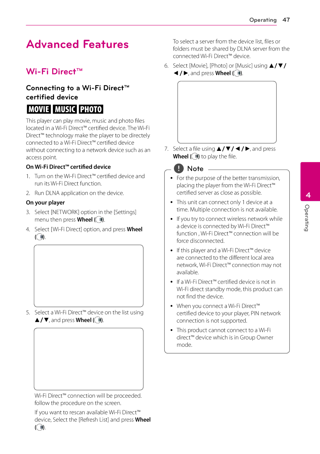 LG Electronics BP730N owner manual Advanced Features, Connecting to a Wi-Fi Direct certified device, On your player 