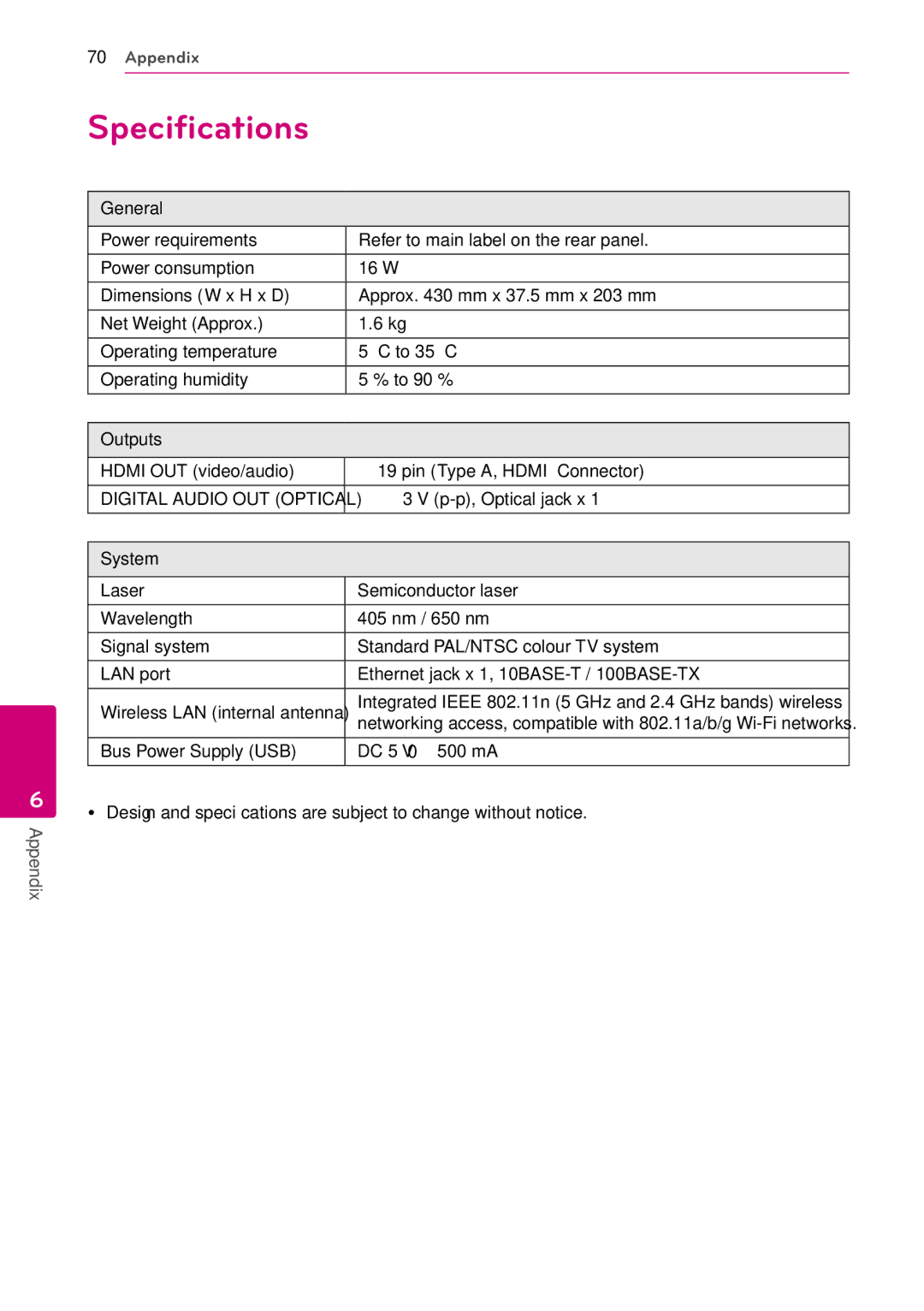 LG Electronics BP730N Specifications, P-p, Optical jack x, Integrated Ieee 802.11n 5 GHz and 2.4 GHz bands wireless 