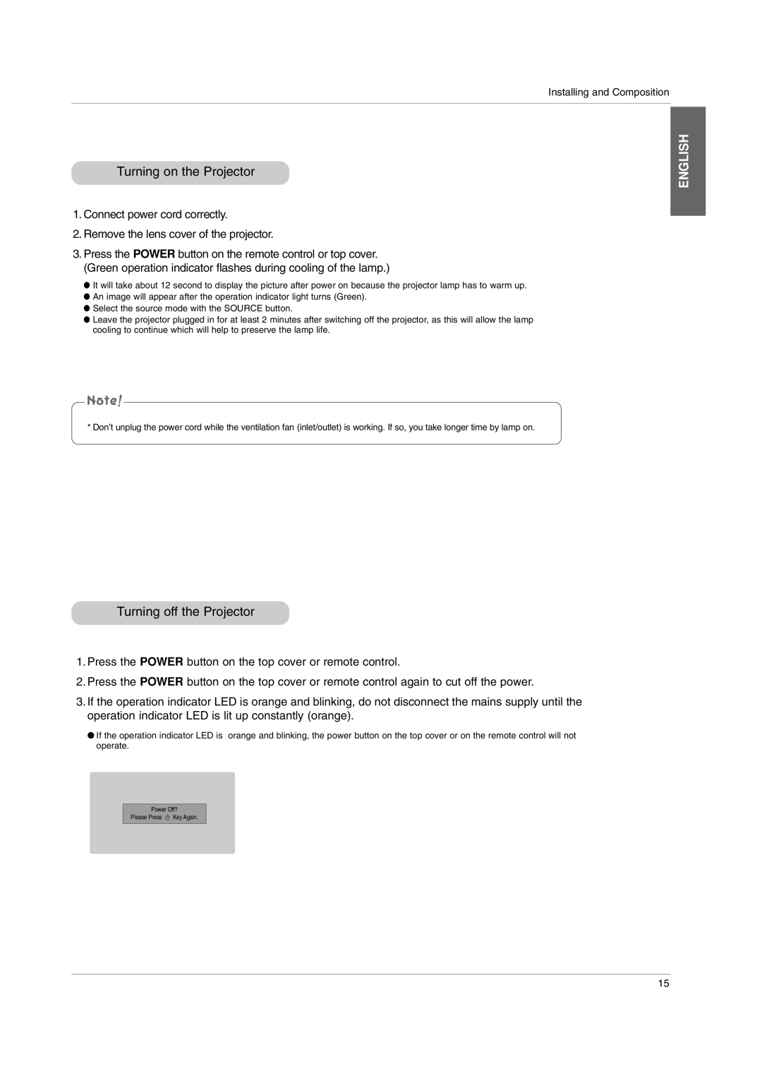 LG Electronics BX220-JD owner manual Turning on the Projector, Turning off the Projector 