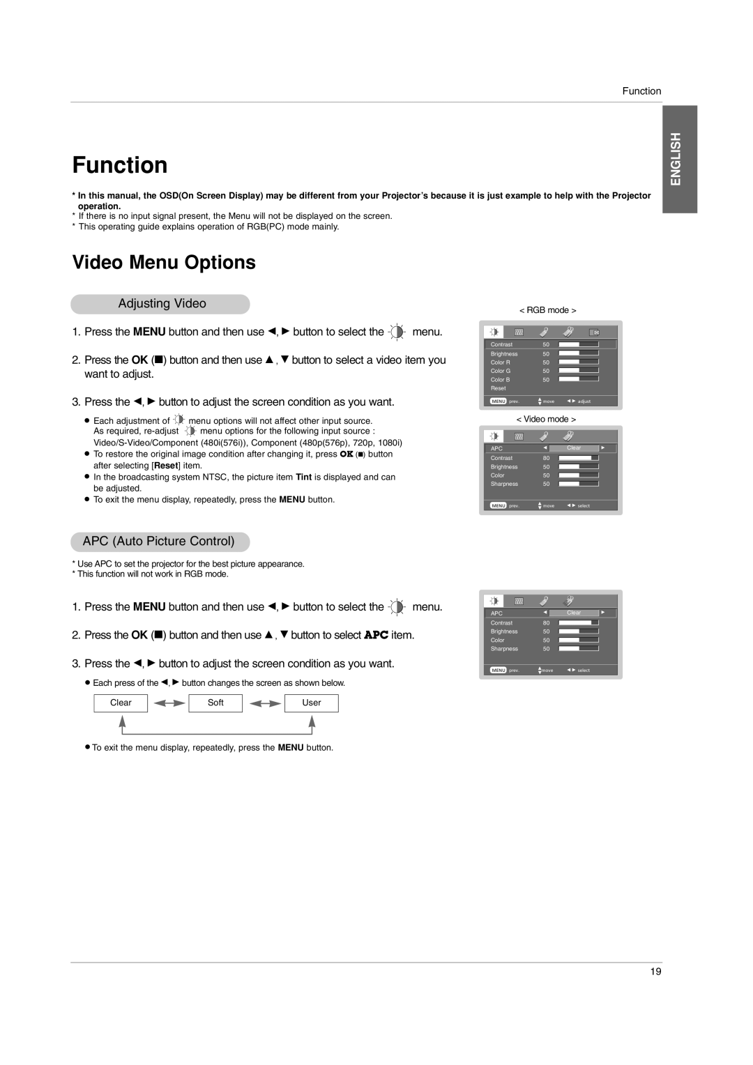 LG Electronics BX220-JD owner manual Function, Adjusting Video, APC Auto Picture Control 