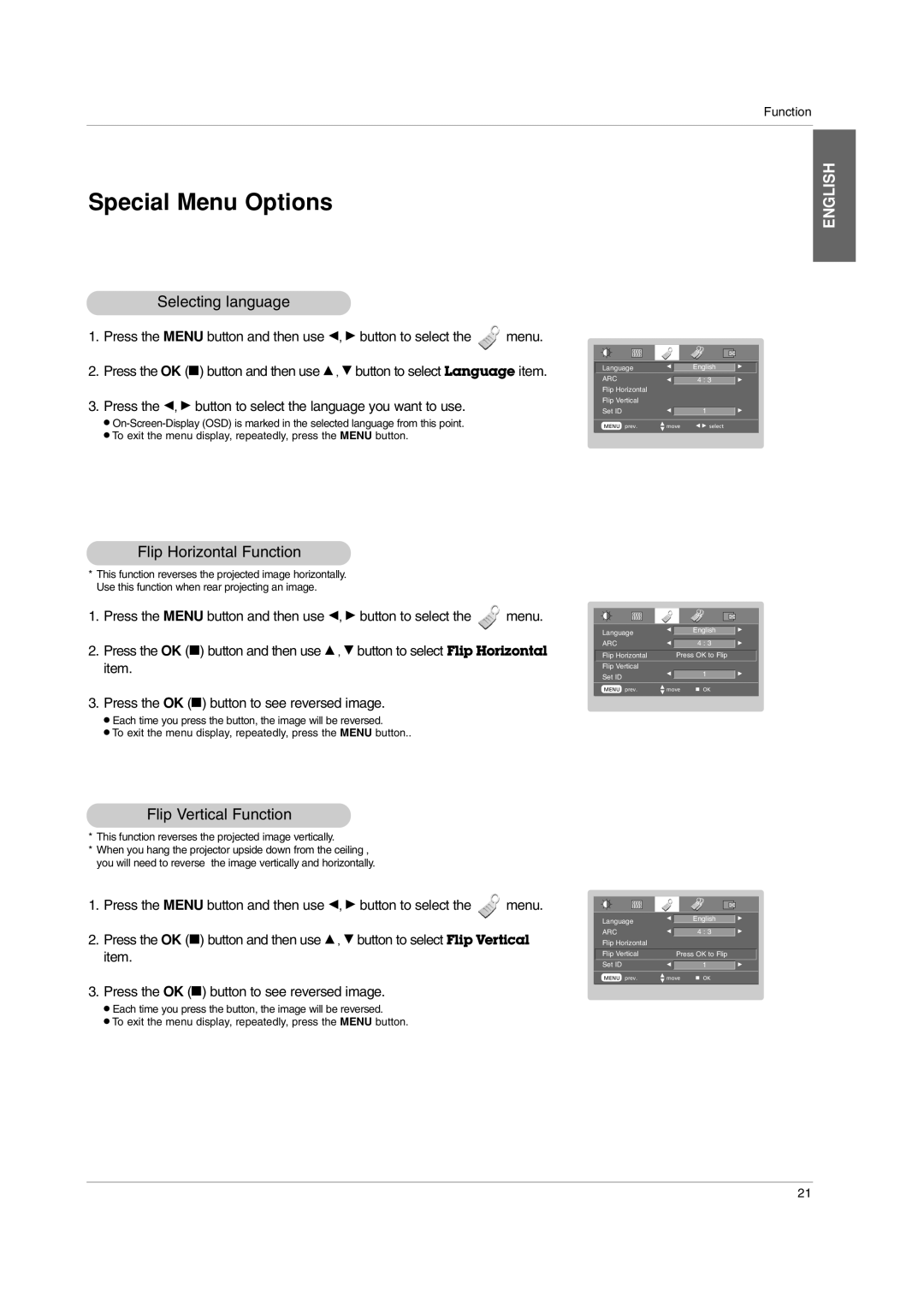 LG Electronics BX220-JD owner manual Selecting language, Flip Horizontal Function, Flip Vertical Function 