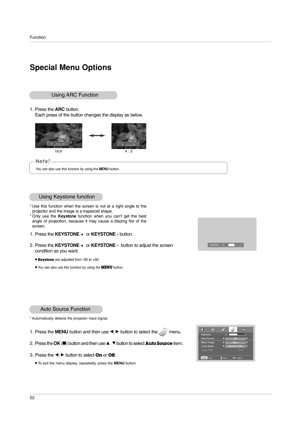 LG Electronics BX220-JD owner manual Using ARC Function, Using Keystone function, Auto Source Function 