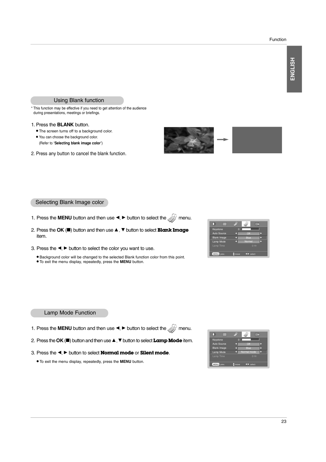 LG Electronics BX220-JD owner manual Using Blank function, Selecting Blank Image color, Lamp Mode Function 