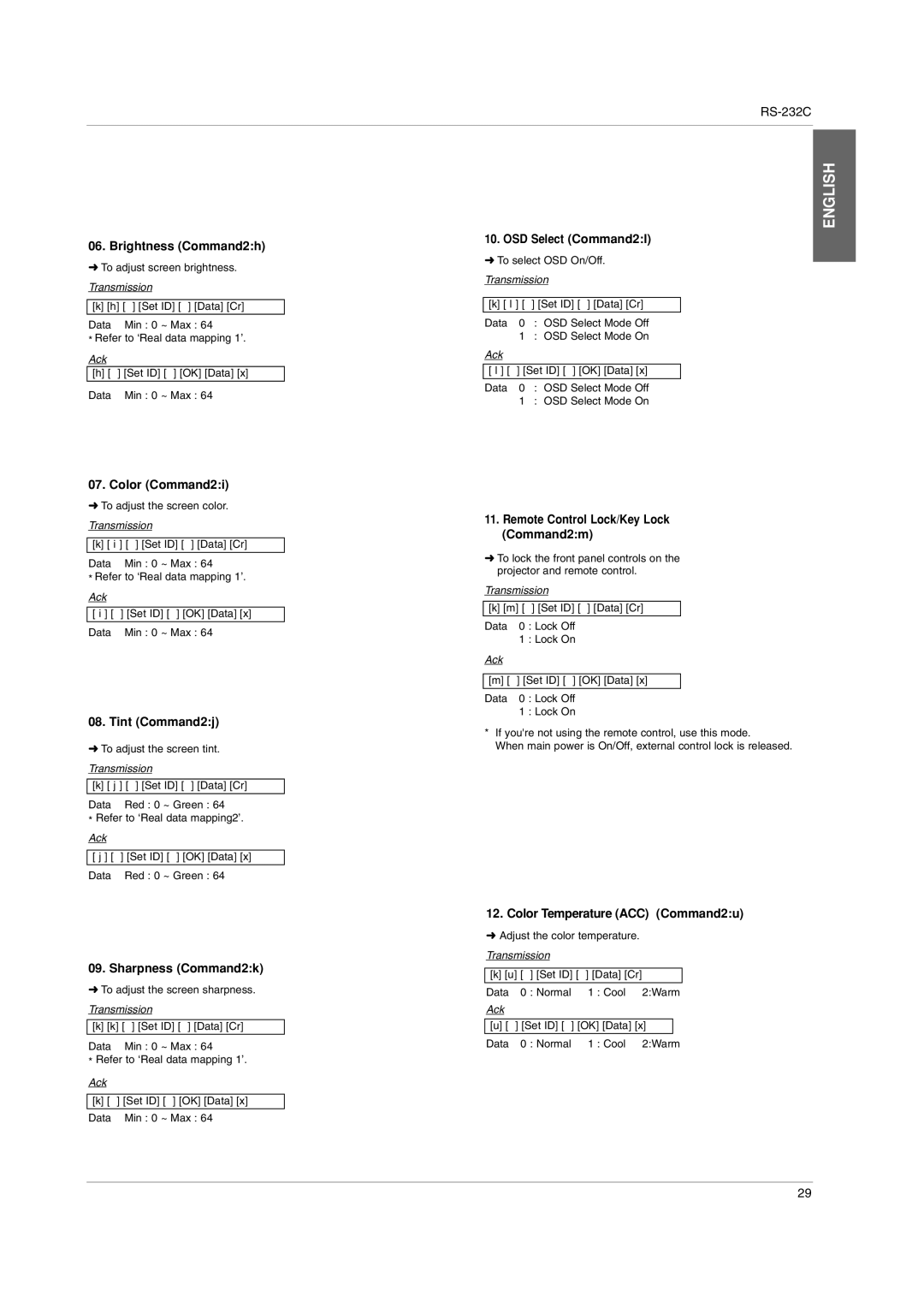 LG Electronics BX220-JD Brightness Command2h, Color Command2i, Tint Command2j, Sharpness Command2k, OSD Select Command2l 