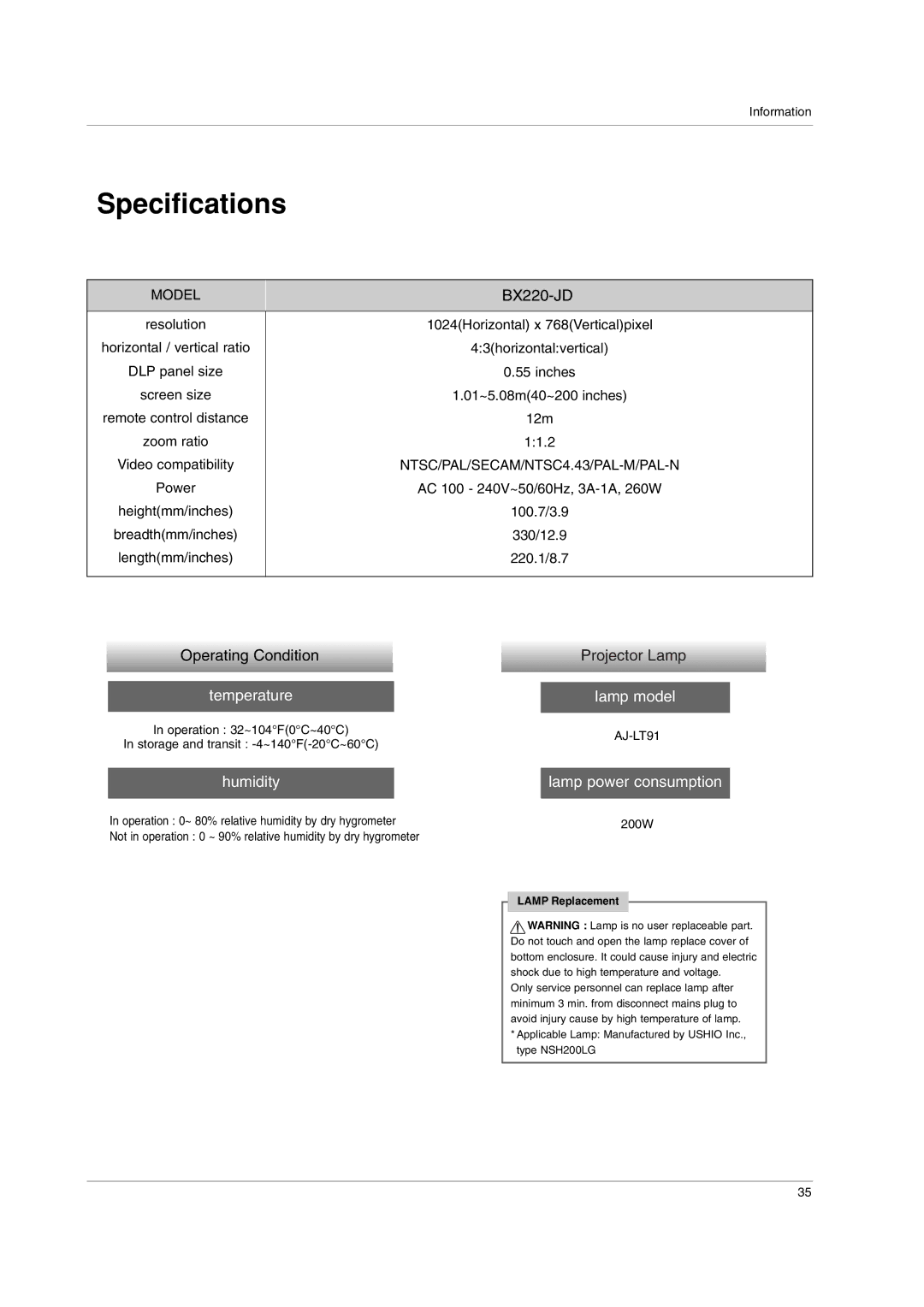 LG Electronics BX220-JD owner manual Specifications, Operating Condition, Projector Lamp 