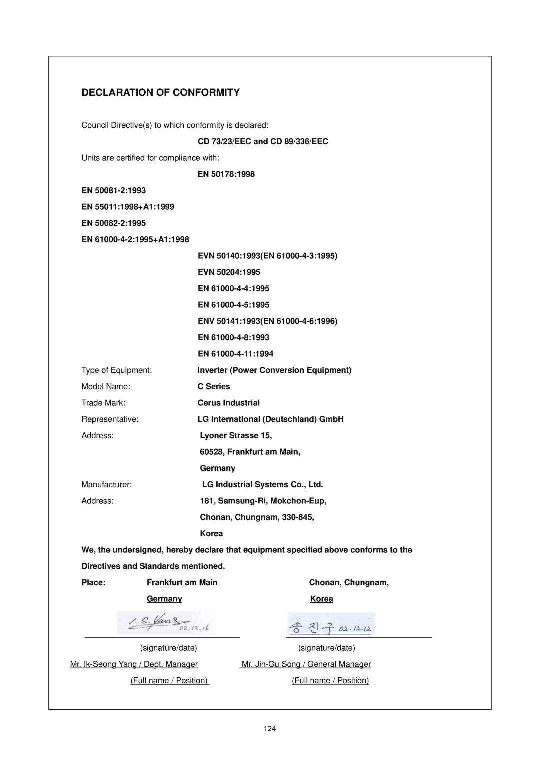 LG Electronics C Series manual Declaration of Conformity 