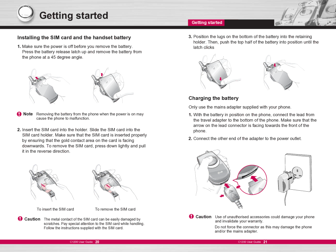 LG Electronics C1200 manual Getting started, Installing the SIM card and the handset battery, Charging the battery 