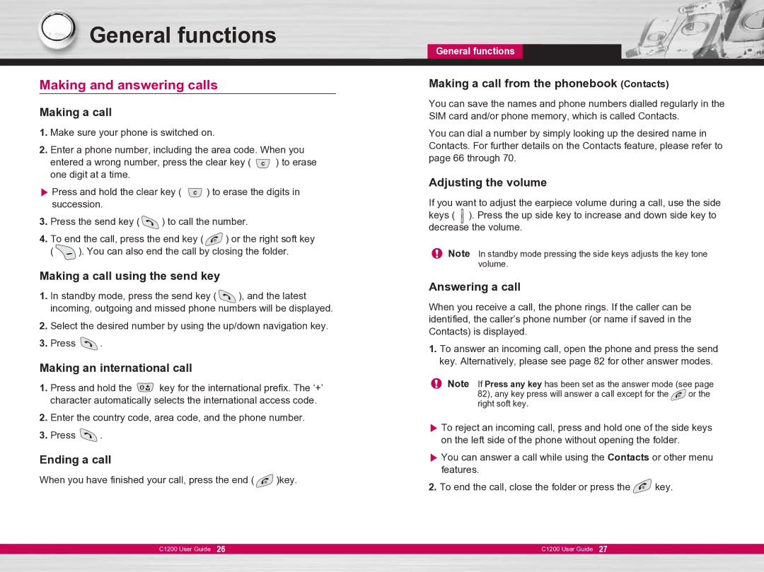 LG Electronics C1200 manual General functions, Making and answering calls 