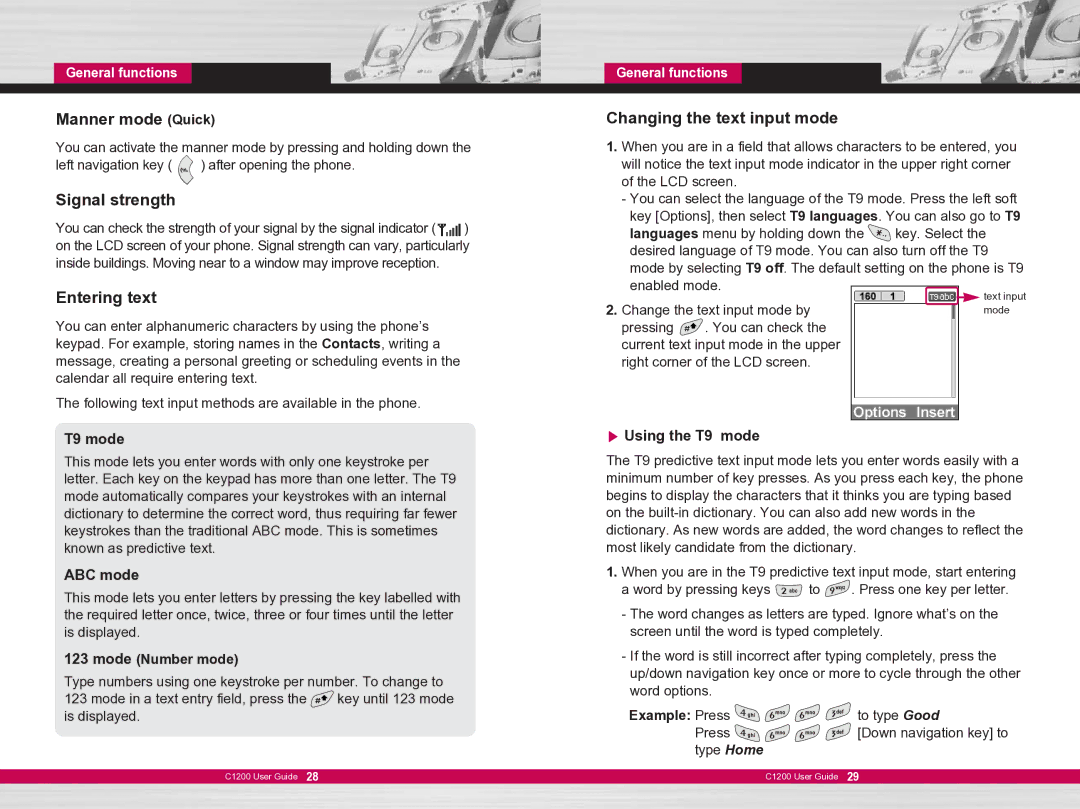 LG Electronics C1200 manual Manner mode Quick, Signal strength, Changing the text input mode, Entering text 