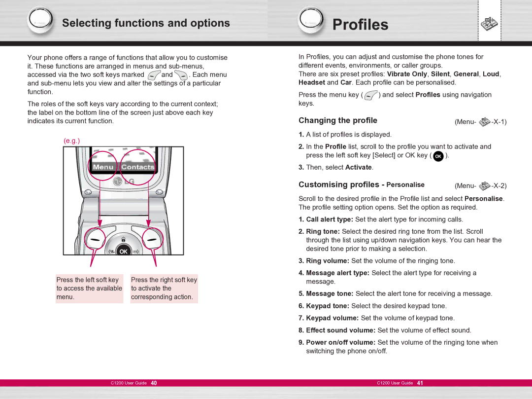 LG Electronics C1200 manual Profiles, Customising profiles Personalise Menu 