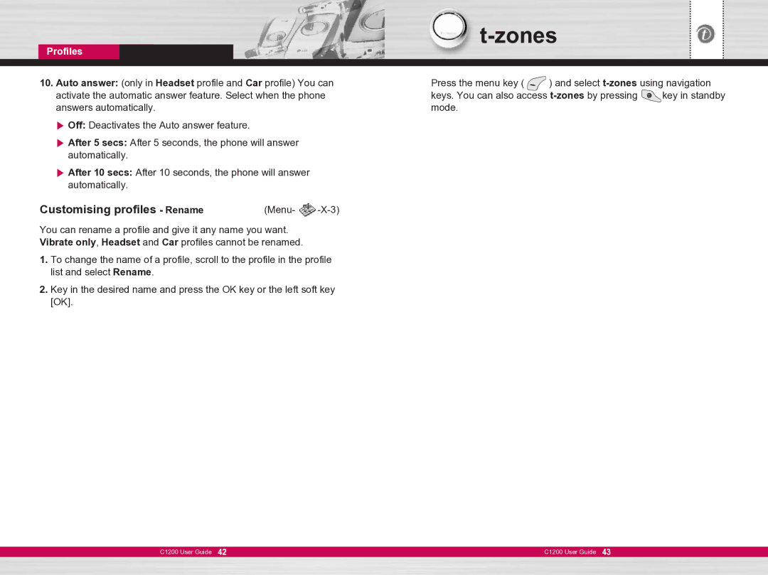 LG Electronics C1200 manual Zones, Customising profiles Rename, Profiles 