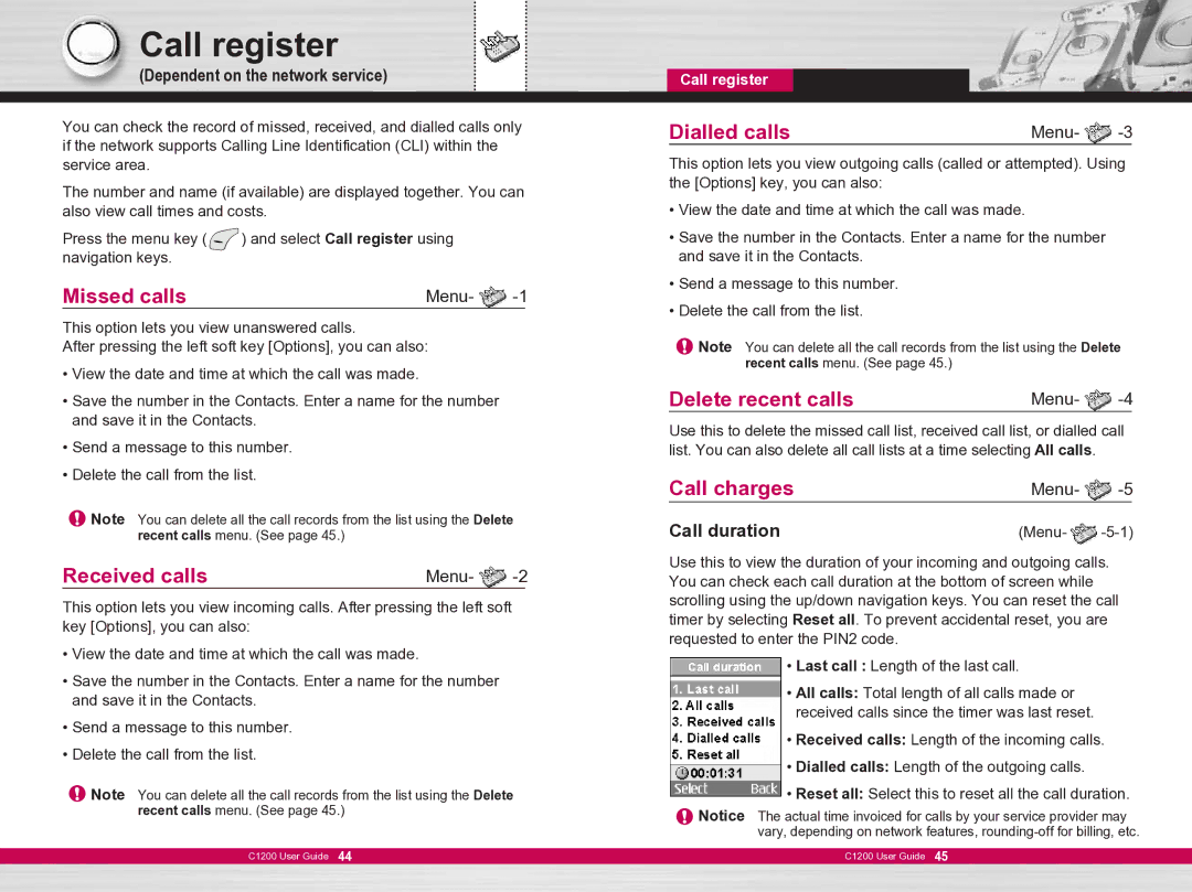 LG Electronics C1200 manual Call register 