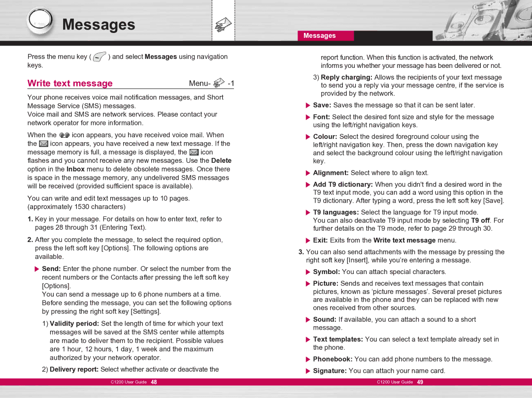 LG Electronics C1200 manual Messages, Exit Exits from the Write text message menu 