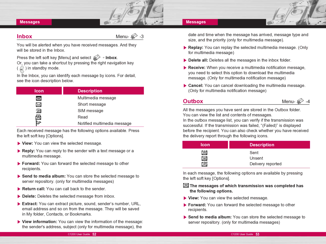 LG Electronics C1200 manual Inbox, Outbox 