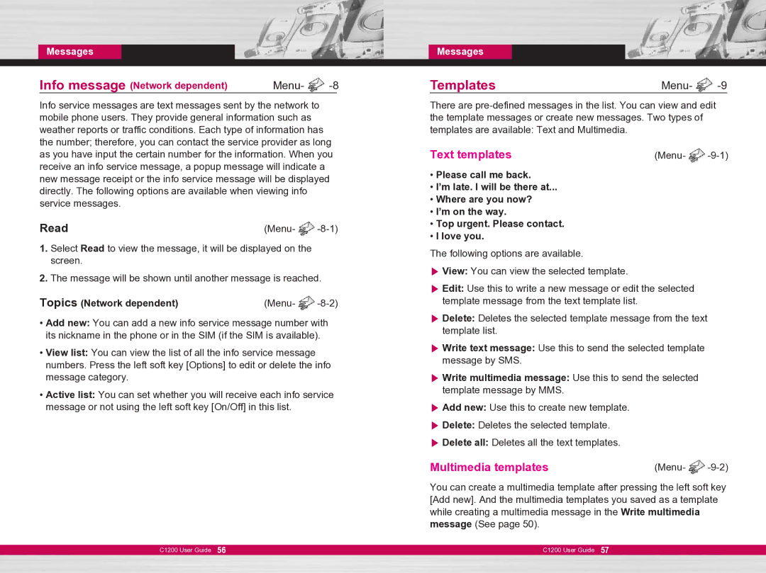 LG Electronics C1200 manual TemplatesMenu, Read, Topics Network dependent 