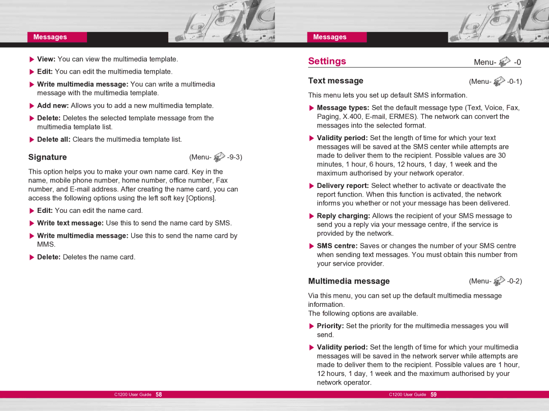 LG Electronics C1200 manual SettingsMenu, Signature, Text message, Multimedia message 