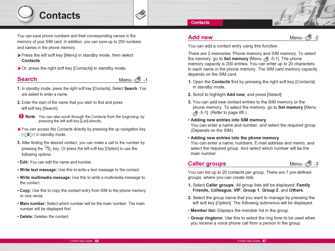 LG Electronics C1200 manual Contacts, Add new, Caller groups, Adding new entries into SIM memory 