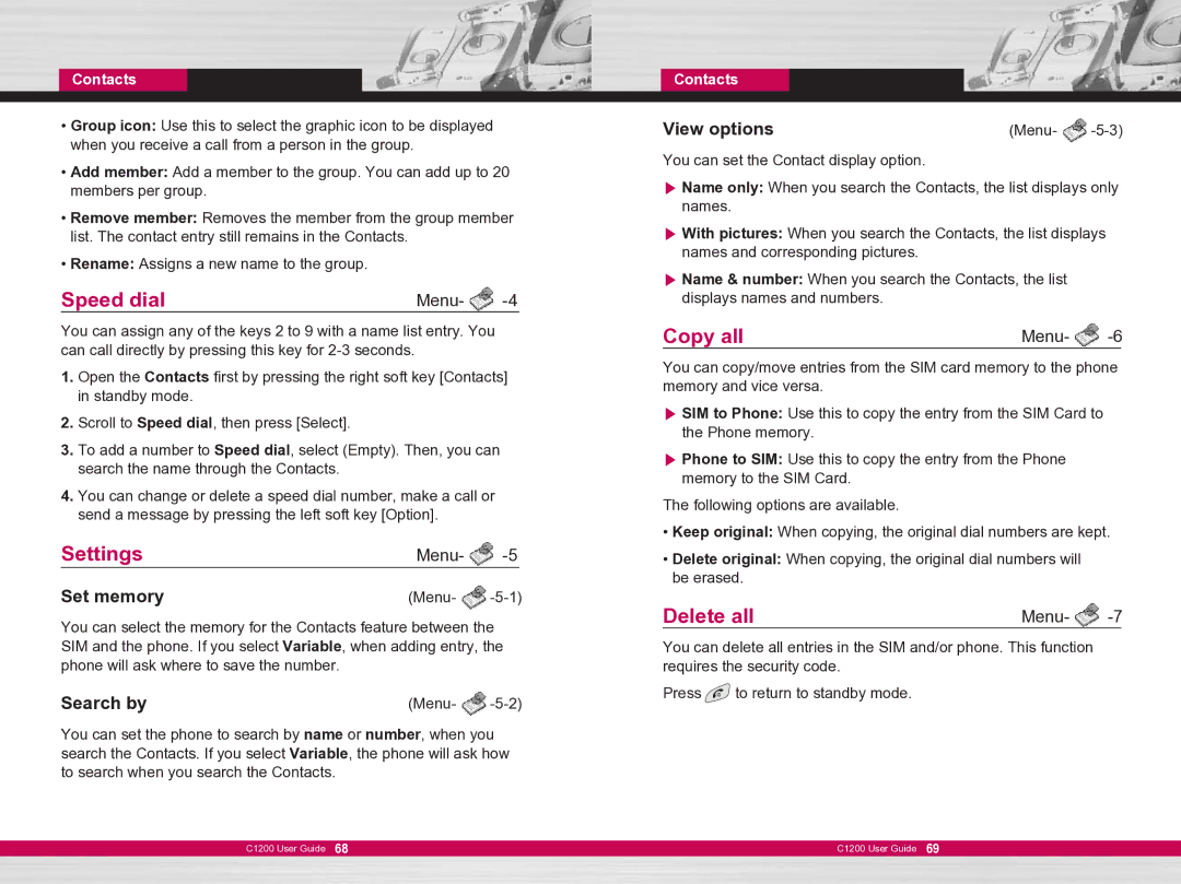 LG Electronics C1200 manual Speed dial, Copy all, Delete all 