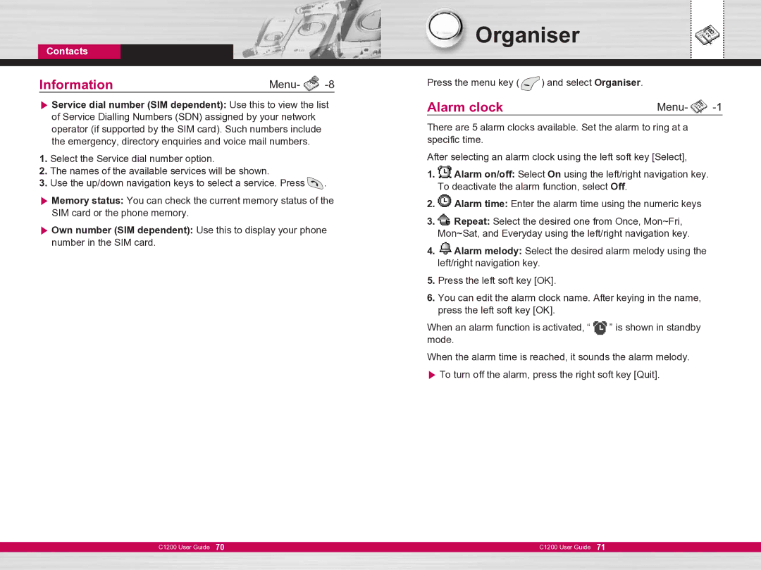 LG Electronics C1200 Organiser, InformationMenu, Alarm clock, Service dial number SIM dependent Use this to view the list 