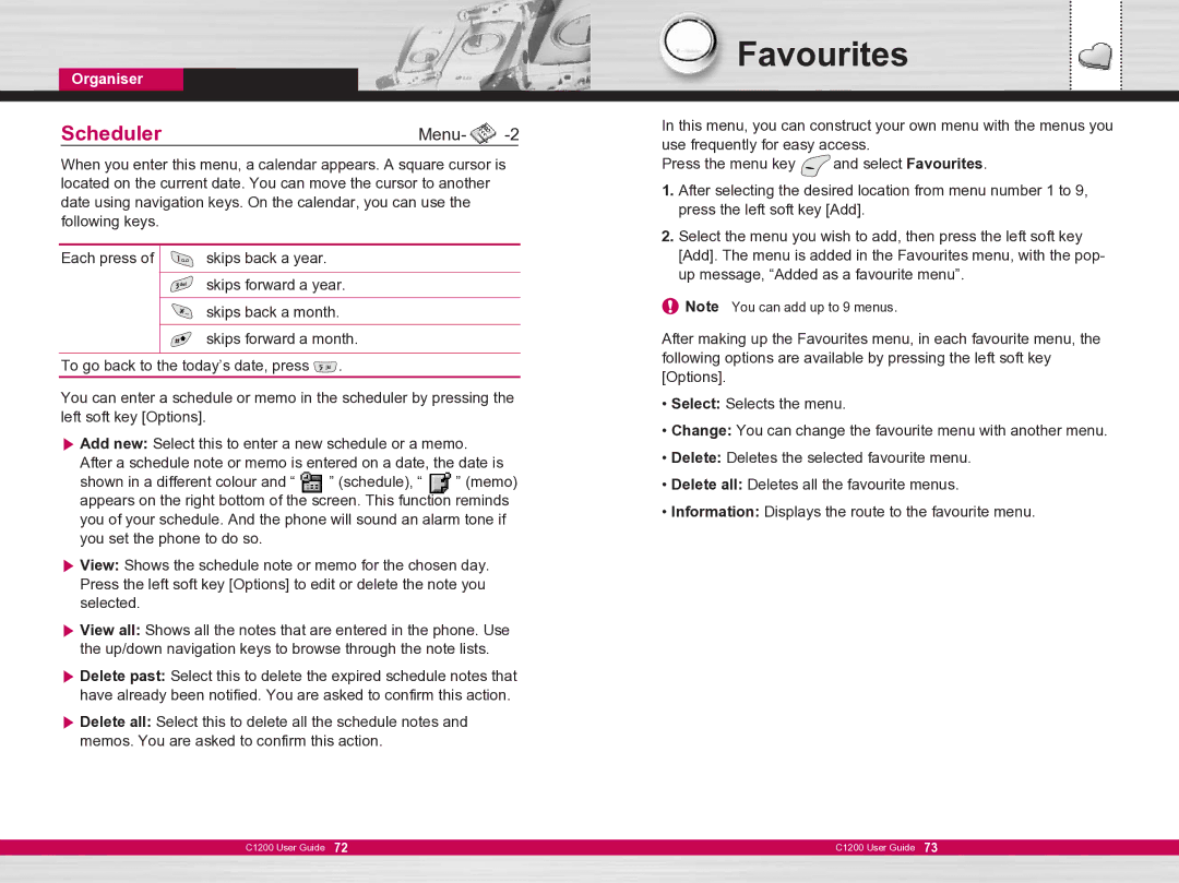 LG Electronics C1200 manual Favourites, SchedulerMenu, Organiser 