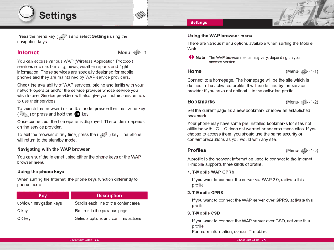 LG Electronics C1200 manual Settings, Internet, Home, Bookmarks, Profiles 