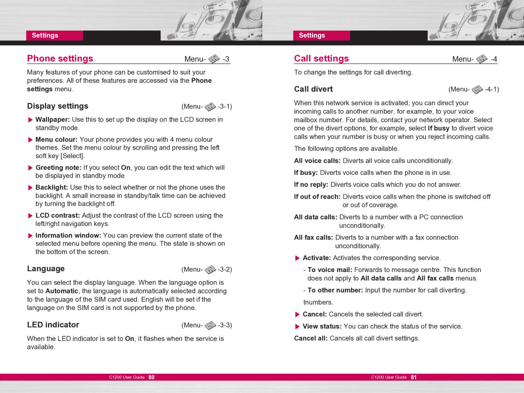 LG Electronics C1200 manual Phone settings, Call settings 