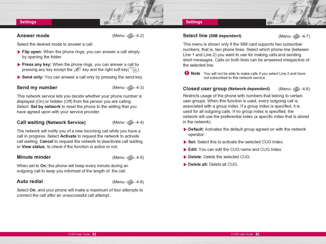 LG Electronics C1200 manual Answer mode, Send my number, Minute minder, Auto redial 
