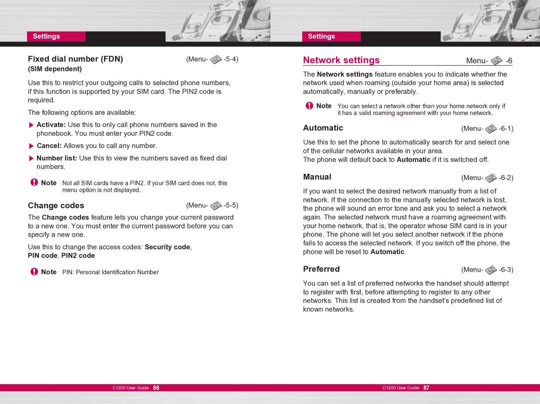 LG Electronics C1200 manual Network settings 