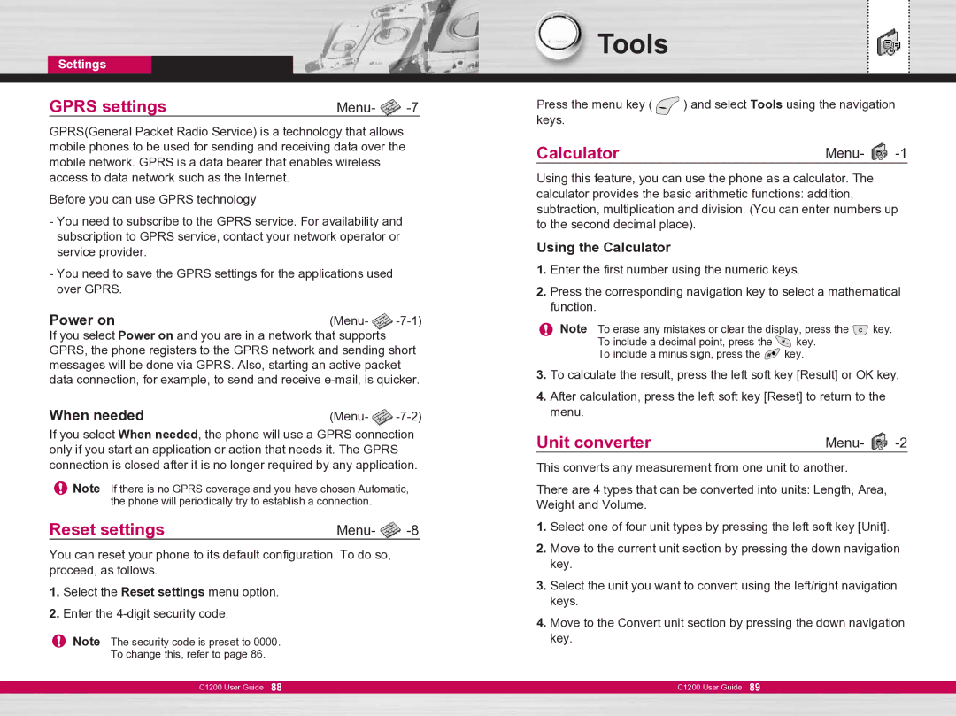 LG Electronics C1200 manual Tools, Gprs settings, Reset settings, CalculatorMenu, Unit converter 