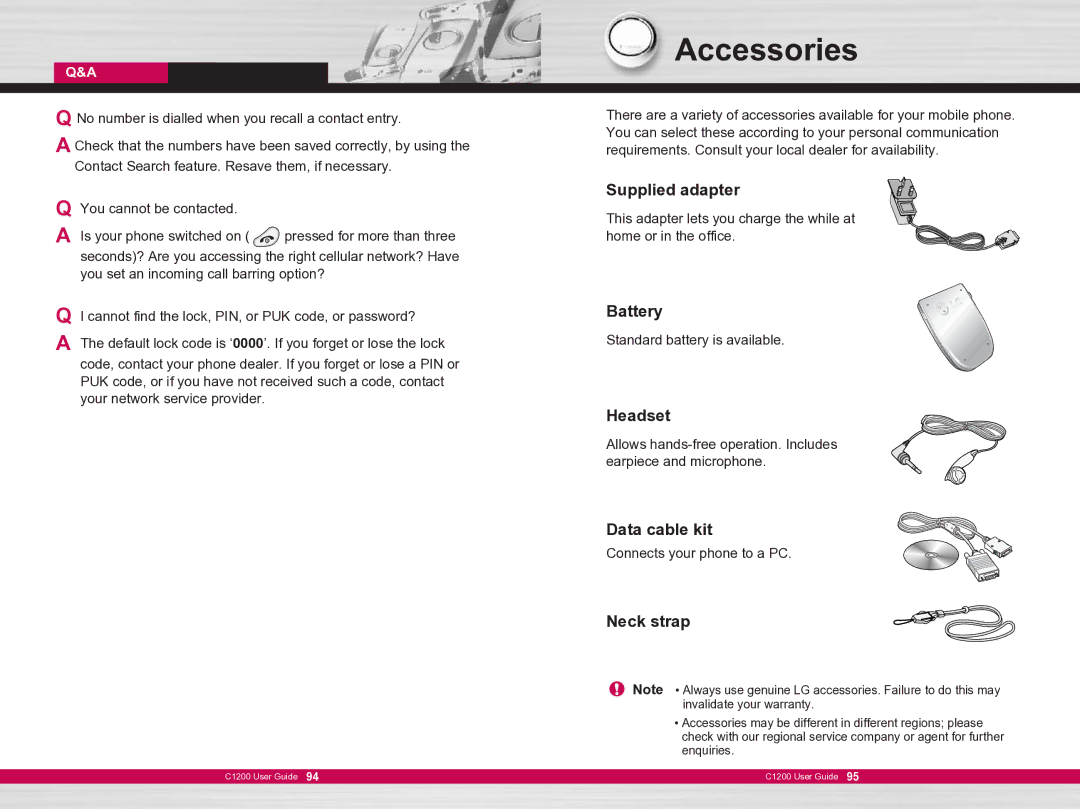 LG Electronics C1200 manual Accessories 