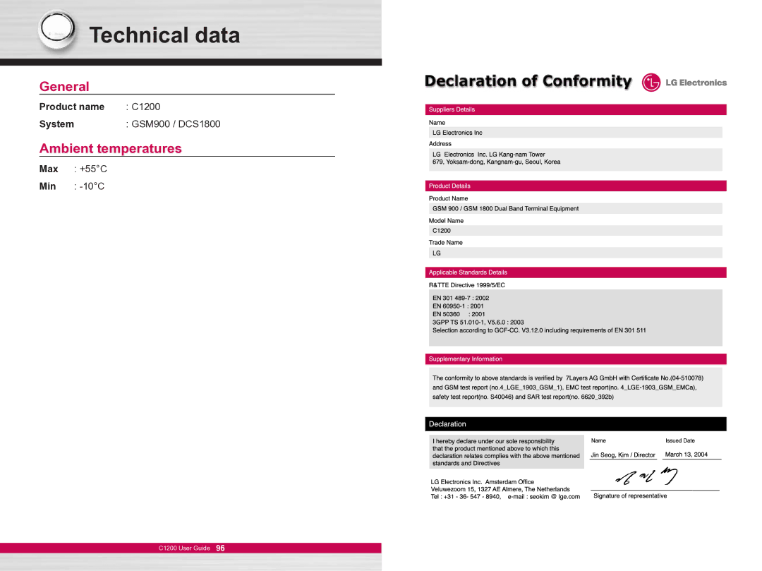 LG Electronics manual Technical data, General, Ambient temperatures, Product name C1200 System GSM900 / DCS1800 