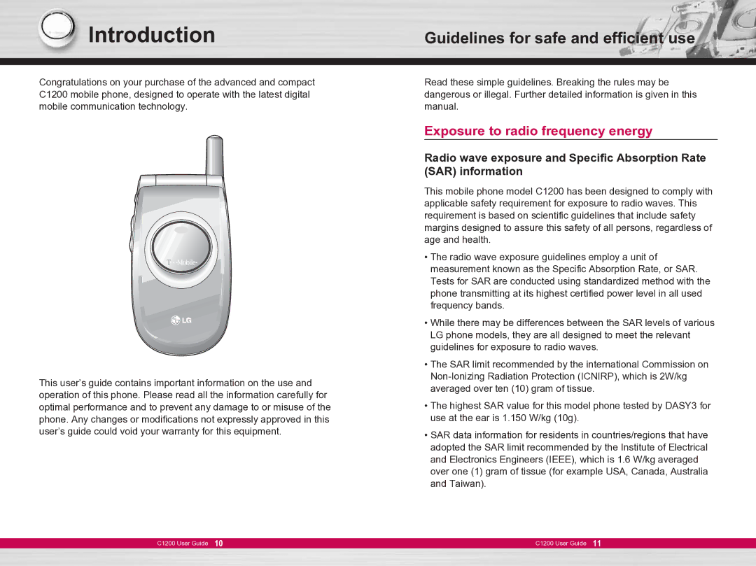 LG Electronics C1200 manual Introduction, Exposure to radio frequency energy 