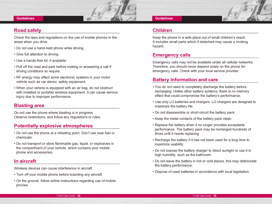 LG Electronics C1200 Road safety, Blasting area, Potentially explosive atmospheres, Aircraft, Children, Emergency calls 