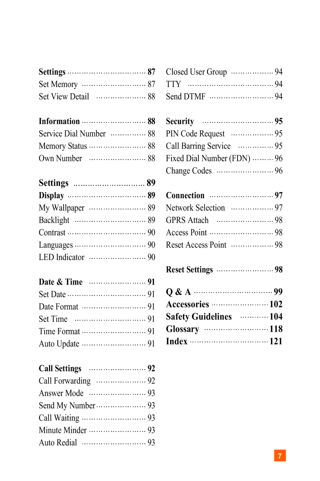 LG Electronics C1300 manual Settings, Accessories 102, Safety Guidelines 104, Glossary 118, Index 121 