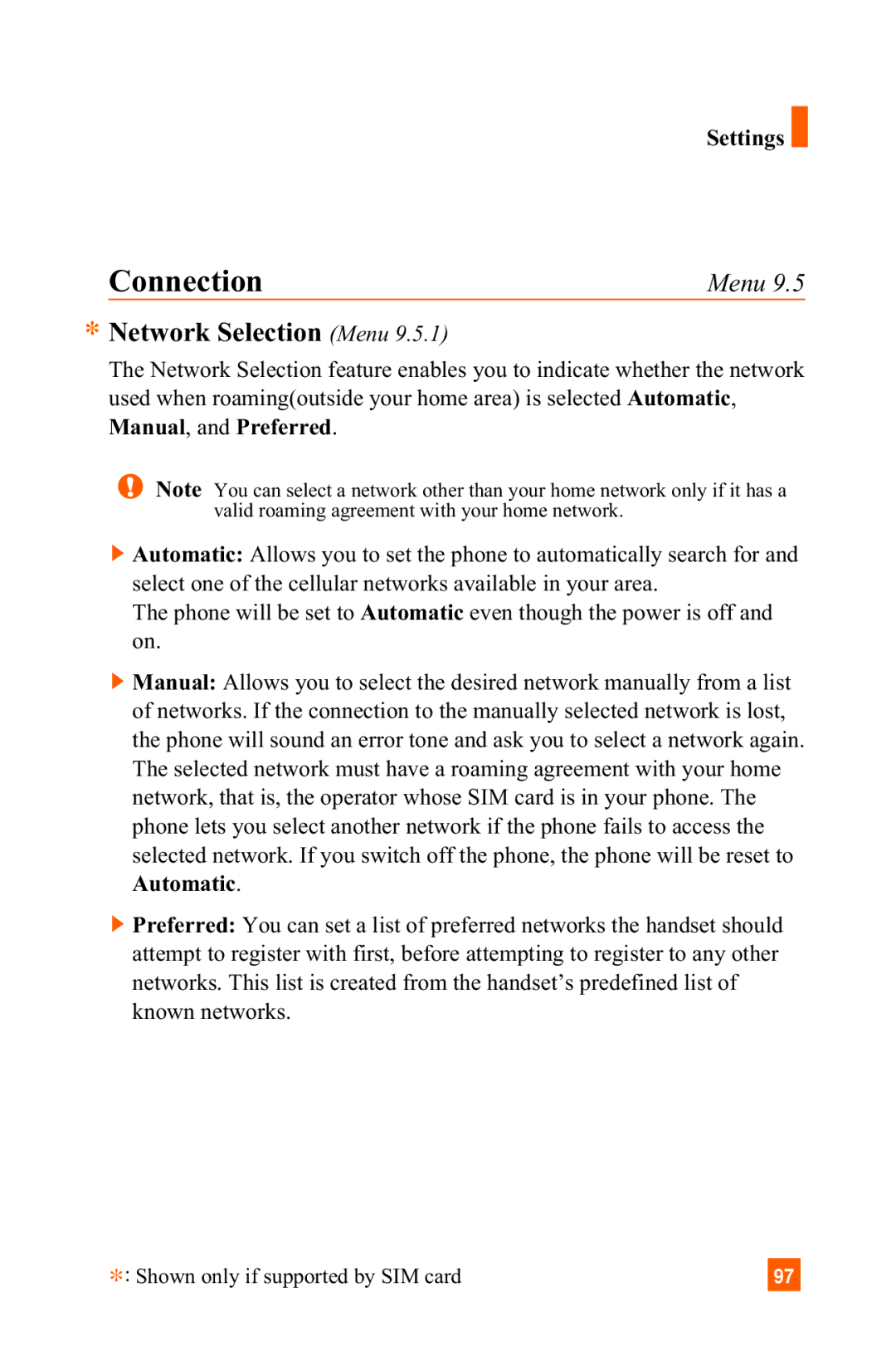 LG Electronics C1300 manual Connection, Network Selection Menu 