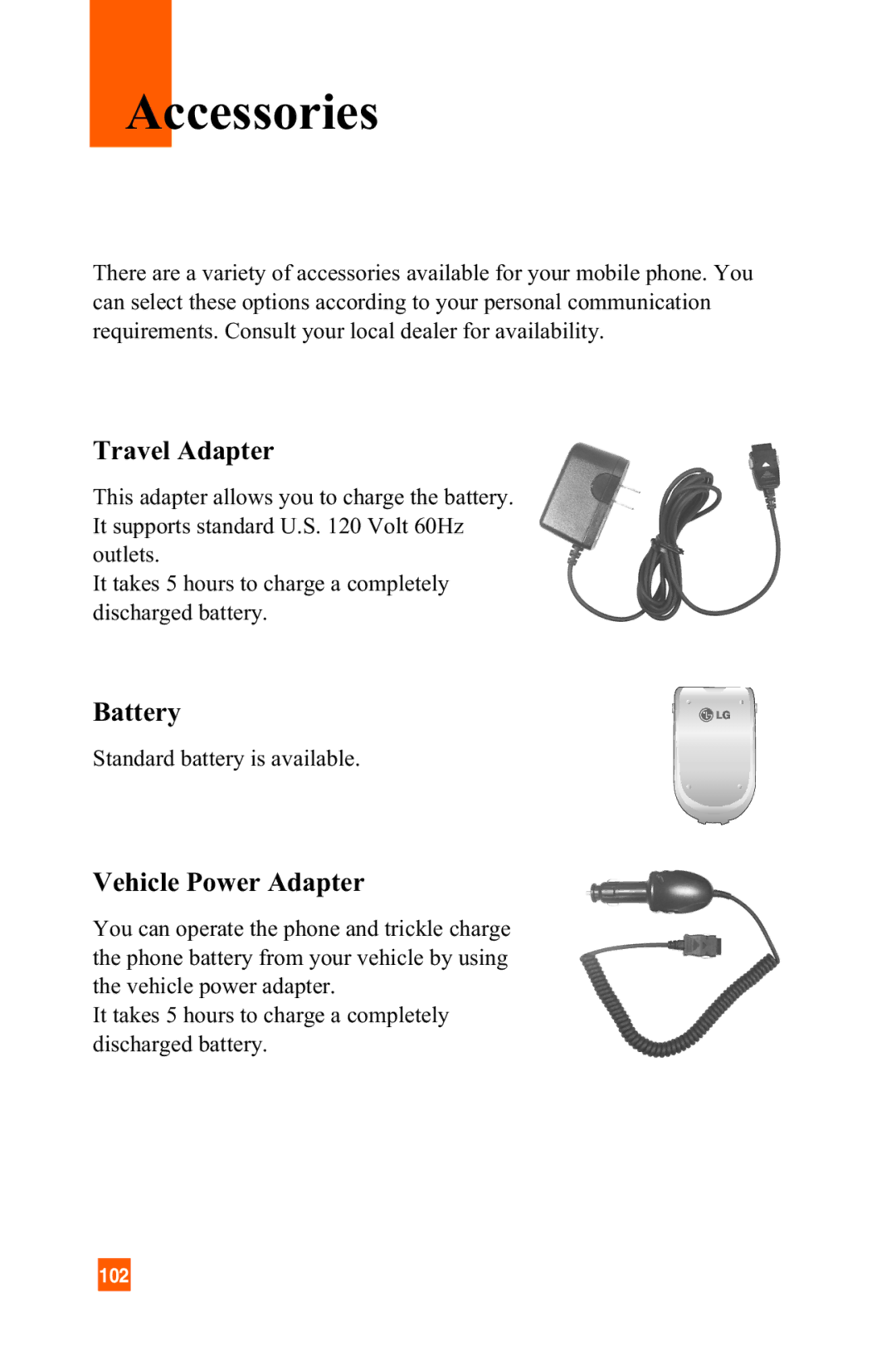 LG Electronics C1300 manual Accessories, Travel Adapter, Battery, Vehicle Power Adapter 