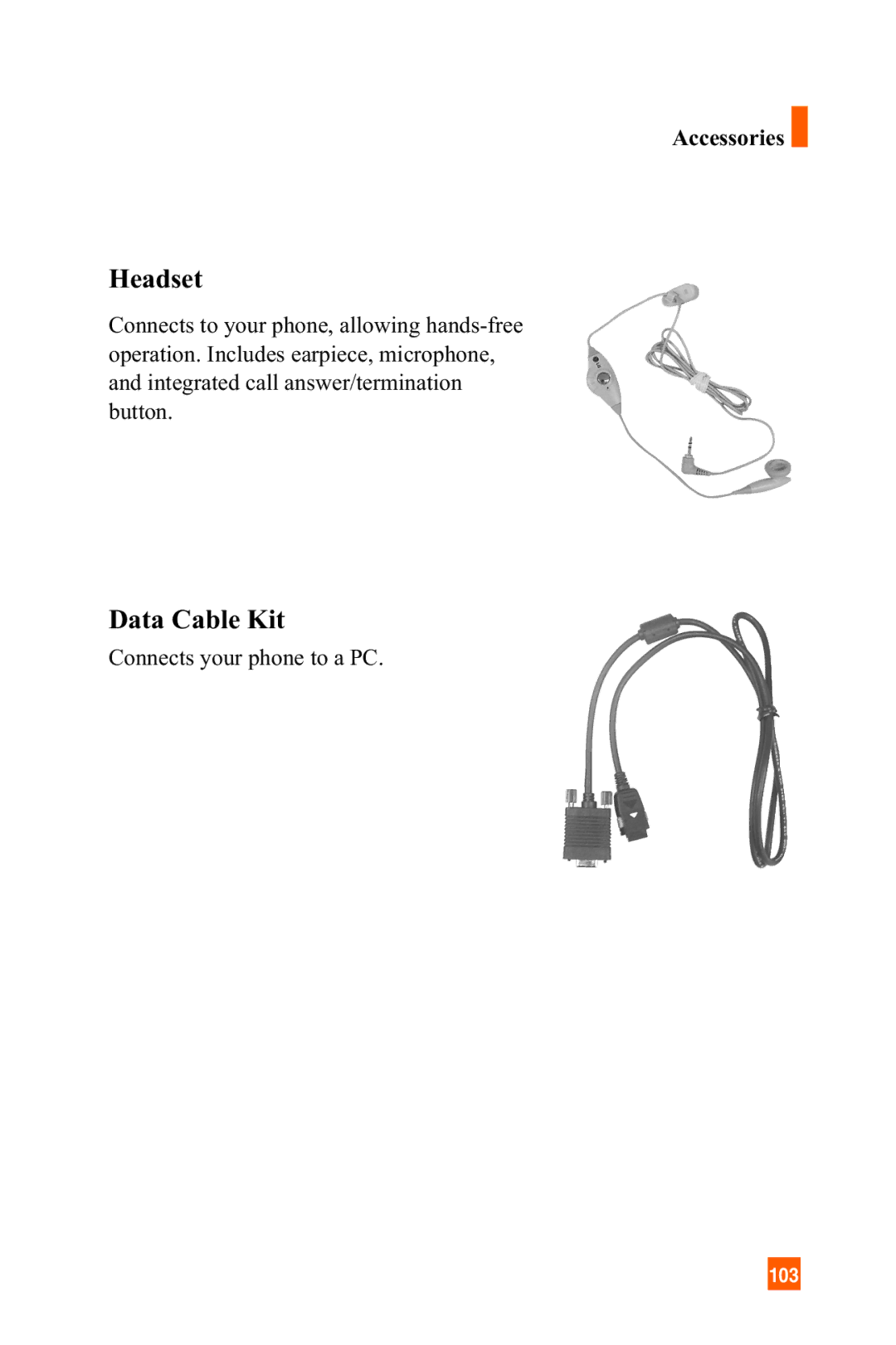 LG Electronics C1300 manual Headset, Data Cable Kit, Accessories 