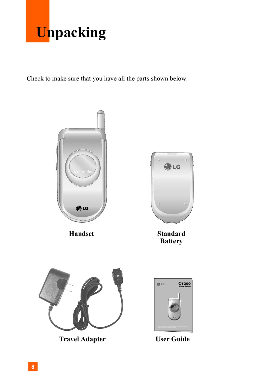 LG Electronics C1300 manual Unpacking, Handset Standard Battery Travel Adapter 