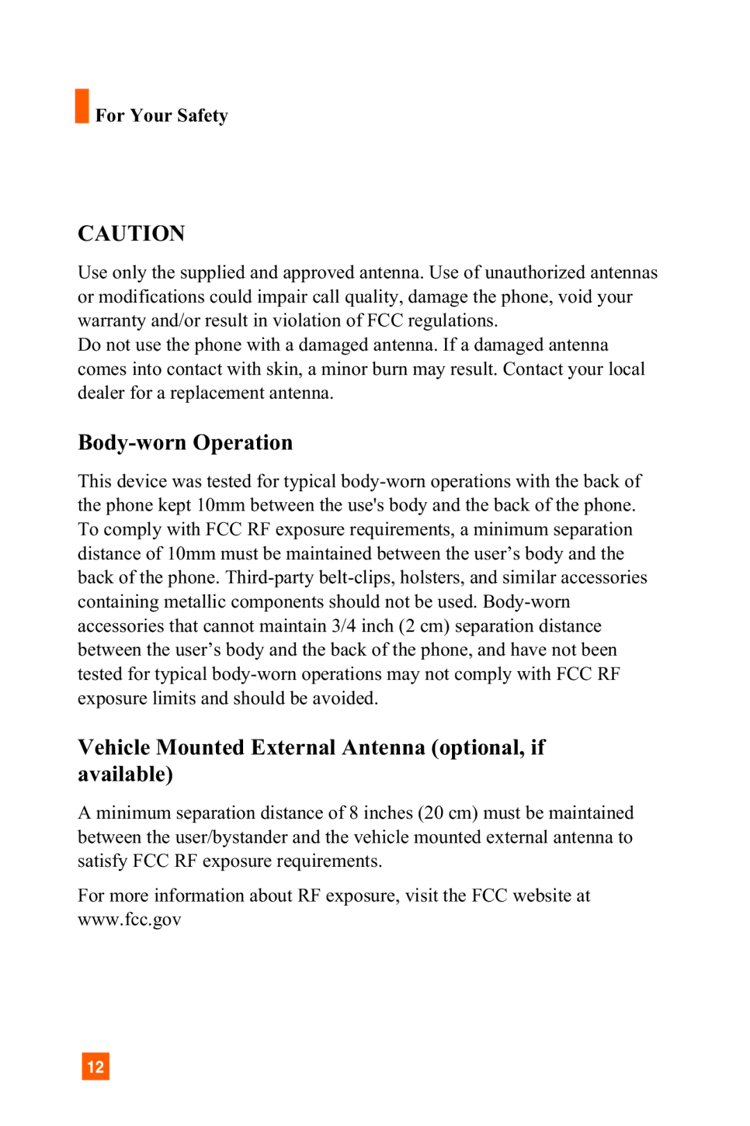 LG Electronics C1300 manual Body-worn Operation, Vehicle Mounted External Antenna optional, if available 