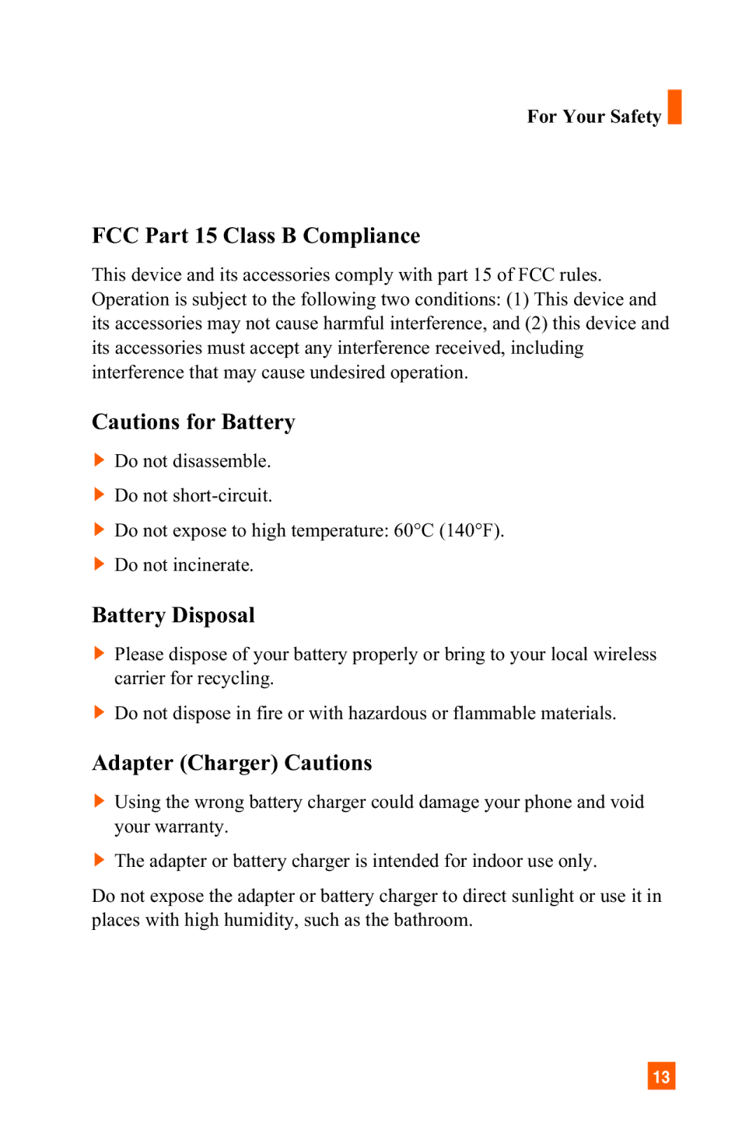 LG Electronics C1300 manual FCC Part 15 Class B Compliance, Battery Disposal, Adapter Charger Cautions 