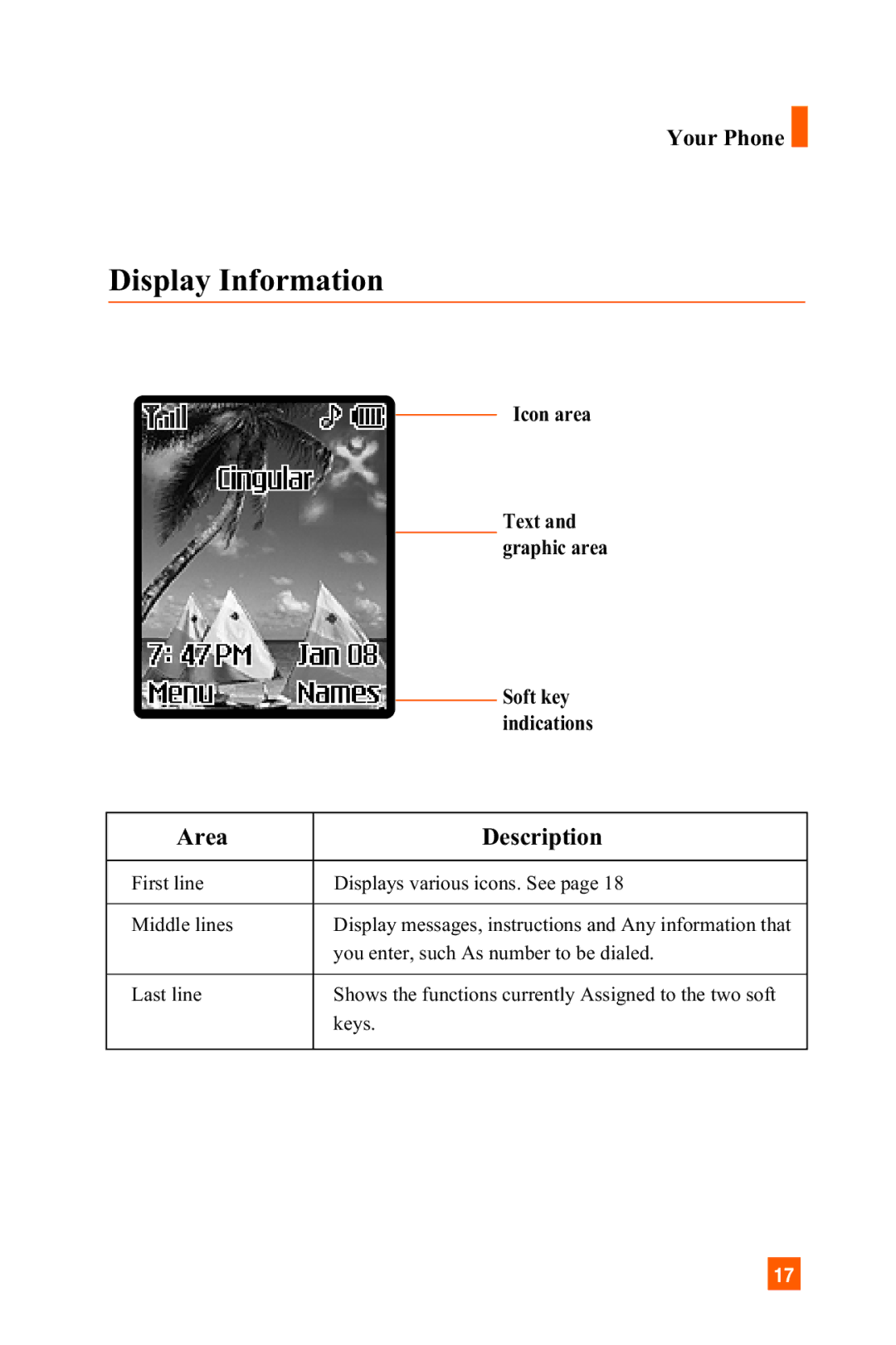 LG Electronics C1300 manual Display Information, Area Description 