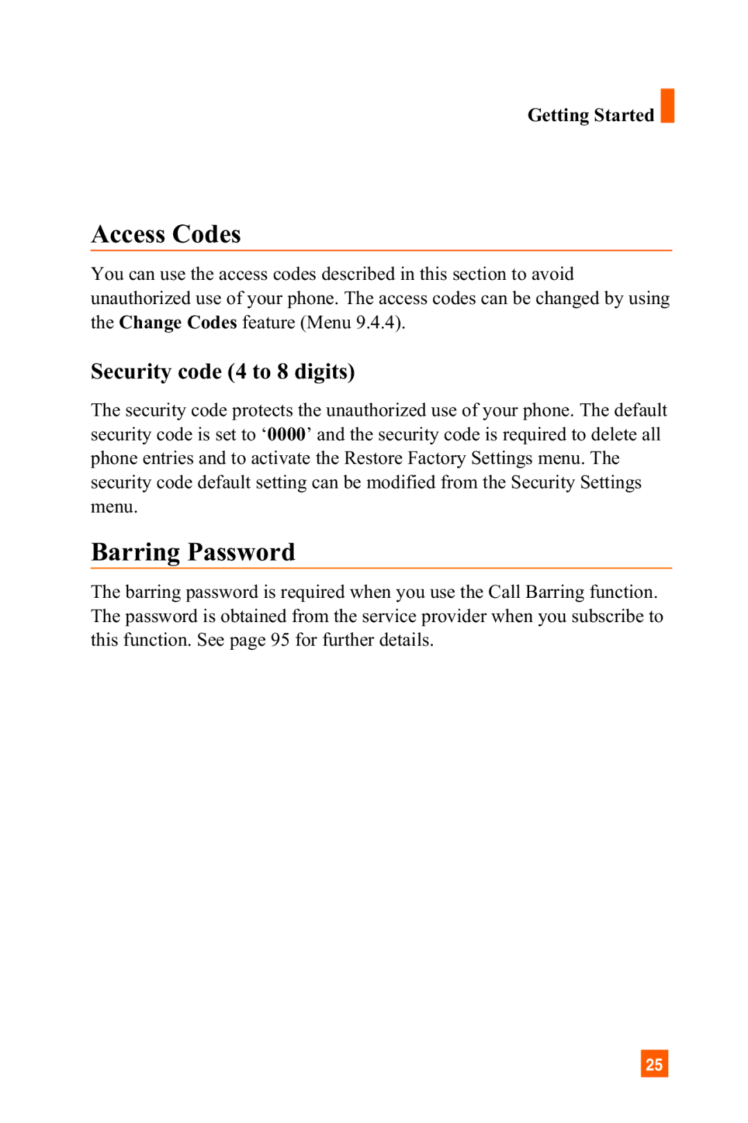 LG Electronics C1300 manual Access Codes, Security code 4 to 8 digits 